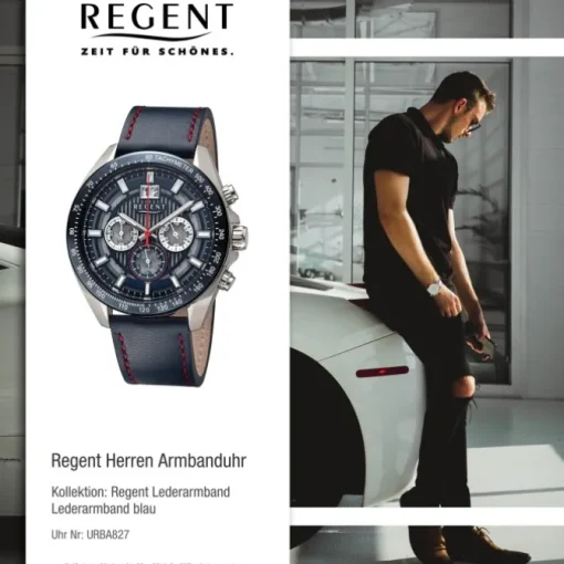 Regent Herren Armbanduhr Analog Lederarmband blau rot URBA827