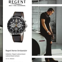 Regent Herren Armbanduhr Analog Lederarmband schwarz orange URBA828