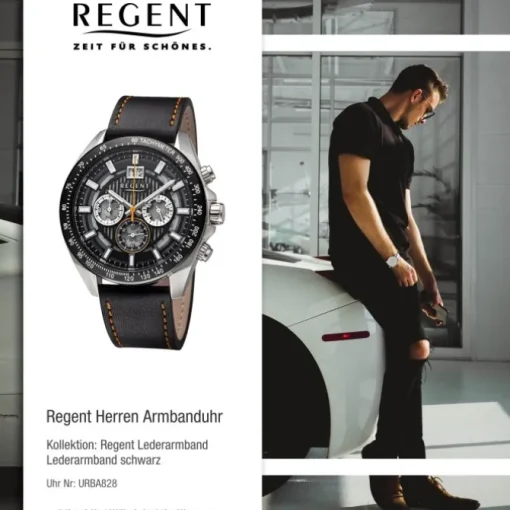 Regent Herren Armbanduhr Analog Lederarmband schwarz orange URBA828
