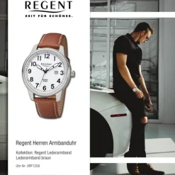 Regent Herren Armbanduhr Analog Lederarmband braun weiß URF1256