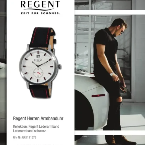 Regent Herren Armbanduhr Analog Lederarmband schwarz rot UR1111576