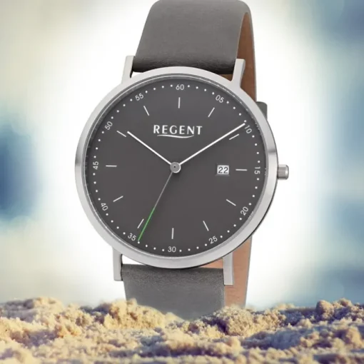 Regent Herren Armbanduhr Analog F-1142 Quarz-Uhr Leder grau URF1142