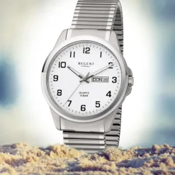 Regent Herren Armbanduhr Analog F-1198 Quarz-Uhr Titan silber URF1198