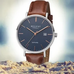 Regent Herren Armbanduhr Analog F-1228 Quarz-Uhr Leder braun URF1228