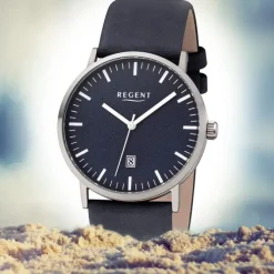 Regent Herren Armbanduhr Analog F-1233 Quarz-Uhr Titan blau URF1233