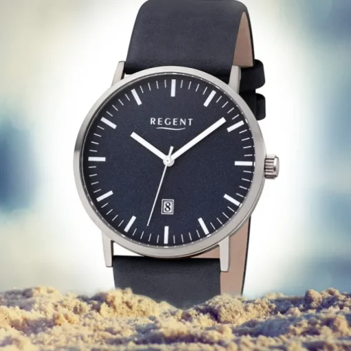 Regent Herren Armbanduhr Analog F-1233 Quarz-Uhr Titan blau URF1233