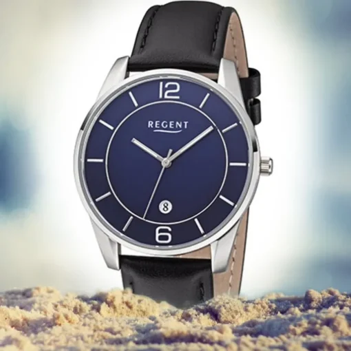 Regent Herren Armbanduhr Analog F-1235 Quarz-Uhr Leder schwarz URF1235