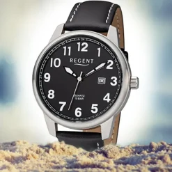Regent Herren Armbanduhr Analog F-1238 Quarz-Uhr Leder schwarz URF1238