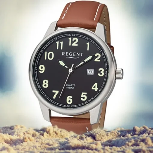 Regent Herren Armbanduhr Analog F-1239 Quarz-Uhr Leder braun URF1239