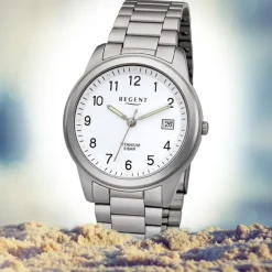 Regent Herren Armbanduhr Analog F-208 Quarz-Uhr Titan silber URF208