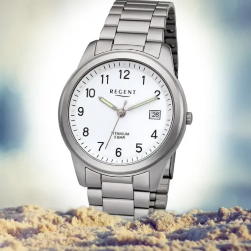 Regent Herren Armbanduhr Analog F-208 Quarz-Uhr Titan silber URF208