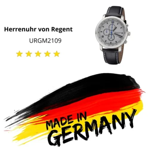 Regent Herren Armbanduhr Analog GM-2109 Quarz-Uhr Lederband schwarz URGM2109