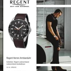 Regent Herren Armbanduhr Analog Lederarmband dunkelbraun URBA636