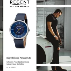 Regent Herren Armbanduhr Analog Lederarmband dunkelblau URBA721
