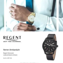 Regent Herren Armbanduhr Analog Lederarmband schwarz braun URF1253