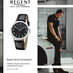Regent Herren Armbanduhr Analog 1112420 Quarz-Uhr Leder schwarz UR1112420