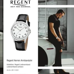 Regent Herren Armbanduhr Analog 1112422 Quarz-Uhr Leder schwarz UR1112422