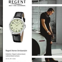 Regent Herren Armbanduhr Analog 1112426 Quarz-Uhr Leder schwarz UR1112426