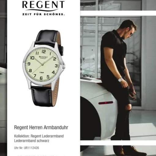 Regent Herren Armbanduhr Analog 1112426 Quarz-Uhr Leder schwarz UR1112426