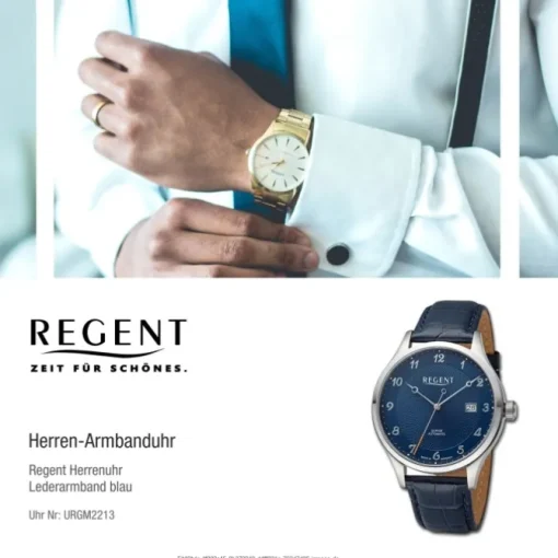Regent Herren Armbanduhr Analog Lederarmband blau URGM2213