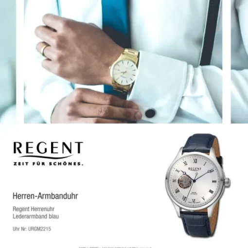 Regent Herren Armbanduhr Analog Lederarmband blau URGM2215