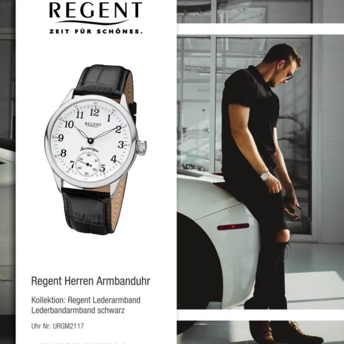 Regent Herren Armbanduhr Analog GM-2117 Handaufzug Lederband schwarz URGM2117