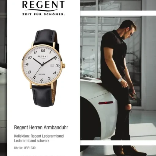 Regent Herren Armbanduhr Analog F-1230 Quarz-Uhr Leder schwarz URF1230