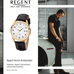 Regent Herren Armbanduhr Analog F-1226 Quarz-Uhr Leder schwarz URF1226