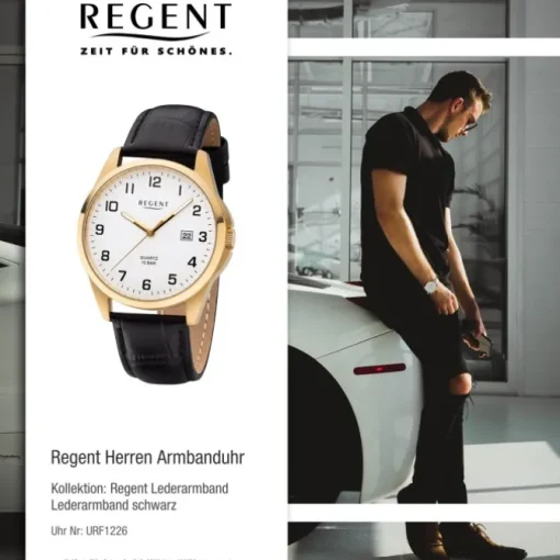 Regent Herren Armbanduhr Analog F-1226 Quarz-Uhr Leder schwarz URF1226