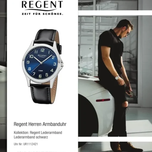 Regent Herren Armbanduhr Analog 1112421 Quarz-Uhr Leder schwarz UR1112421