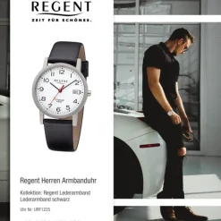 Regent Herren Armbanduhr Analog F-1225 Quarz-Uhr Leder schwarz URF1225