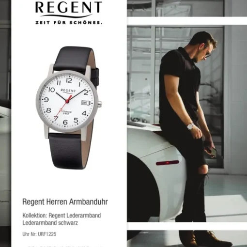 Regent Herren Armbanduhr Analog F-1225 Quarz-Uhr Leder schwarz URF1225