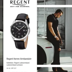 Regent Herren Armbanduhr Analog F-1227 Quarz-Uhr Leder schwarz URF1227