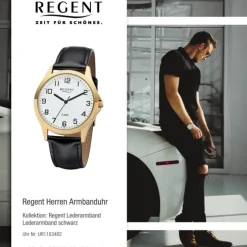 Regent Herren Armbanduhr Analog 1103482 Quarz-Uhr Leder schwarz UR1103482