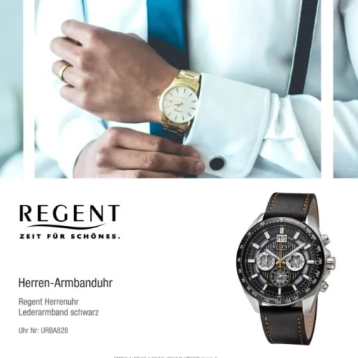 Regent Herren Armbanduhr Analog Lederarmband schwarz orange URBA828