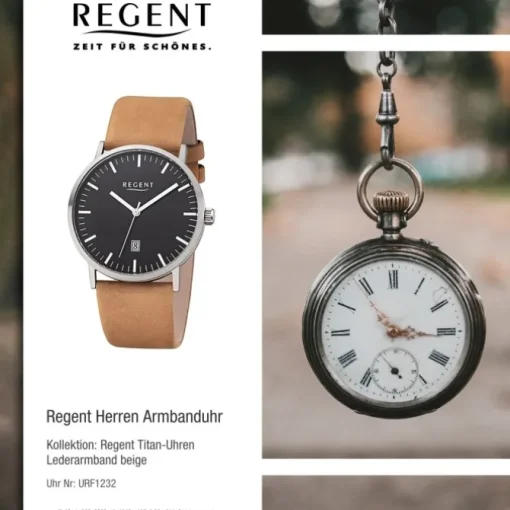 Regent Herren Armbanduhr Analog F-1232 Quarz-Uhr Titan beige URF1232