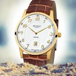 Regent Herren Armbanduhr Analog GM-1401 Quarz-Uhr Leder braun URGM1401