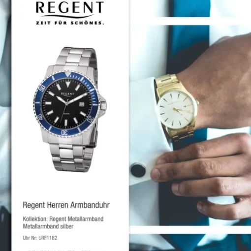 Regent Herren Armbanduhr Analog F-1182 Quarz-Uhr Metall silber URF1182