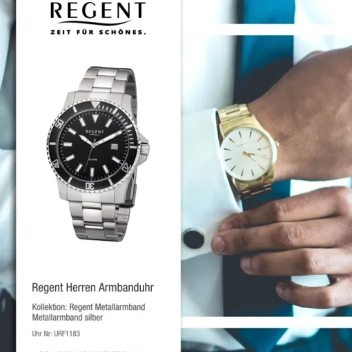 Regent Herren Armbanduhr Analog F-1183 Quarz-Uhr Metall silber URF1183