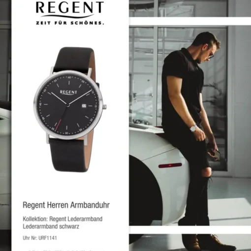 Regent Herren Armbanduhr Analog F-1141 Quarz-Uhr Leder schwarz URF1141