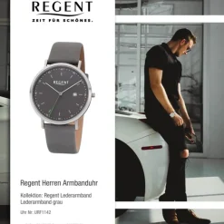 Regent Herren Armbanduhr Analog F-1142 Quarz-Uhr Leder grau URF1142