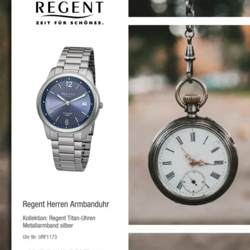 Regent Herren Armbanduhr Analog F-1173 Quarz-Uhr Titan silber URF1173