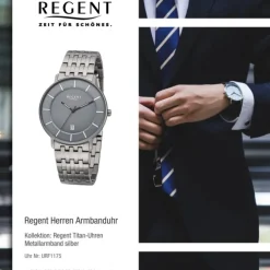 Regent Herren Armbanduhr Analog F-1175 Quarz-Uhr Titan silber URF1175