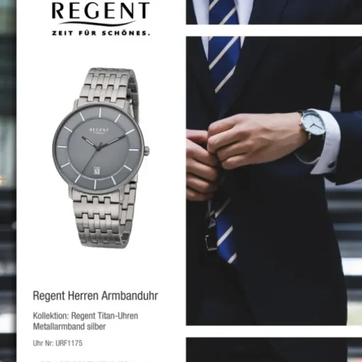 Regent Herren Armbanduhr Analog F-1175 Quarz-Uhr Titan silber URF1175