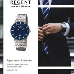 Regent Herren Armbanduhr Analog F-1176 Quarz-Uhr Titan silber URF1176