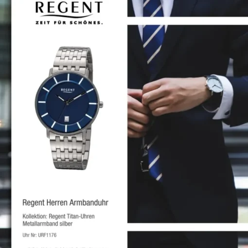 Regent Herren Armbanduhr Analog F-1176 Quarz-Uhr Titan silber URF1176