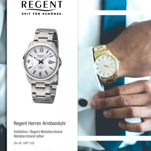 Regent Herren Armbanduhr Analog F-1185 Quarz-Uhr Metall silber URF1185