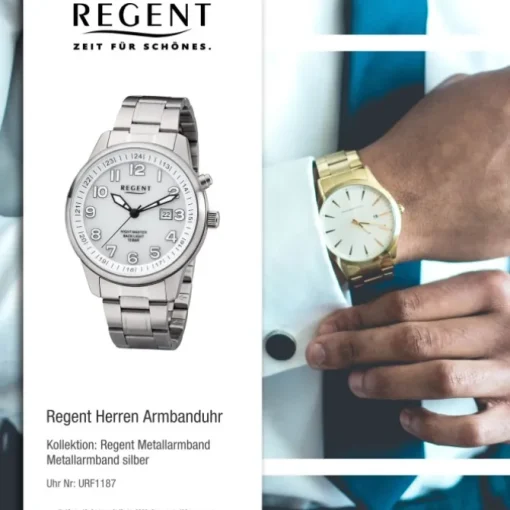 Regent Herren Armbanduhr Analog F-1187 Quarz-Uhr Metall silber URF1187