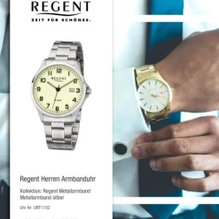 Regent Herren Armbanduhr Analog F-1192 Quarz-Uhr Metall silber URF1192