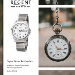 Regent Herren Armbanduhr Analog F-1198 Quarz-Uhr Titan silber URF1198